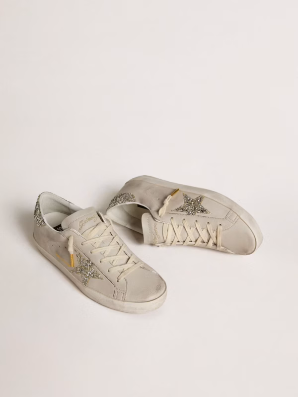 Super-Star LTD en cuir nappa ivoire avec étoile et contrefort à paillettes platine – Image 2