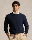 Pull à col rond en coton piqué - Marine chiné