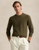 Pull à col rond en coton piqué - Olive cargo chiné