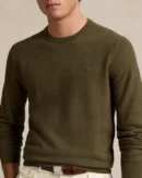 Pull à col rond en coton piqué - Olive cargo chiné